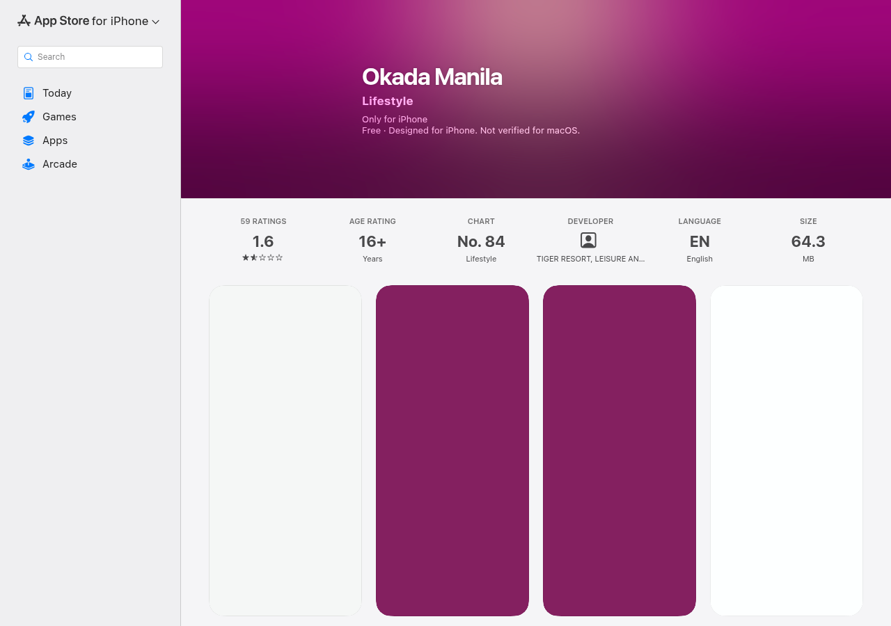 Okada Manila App Store listing and public feedback captured as independent context